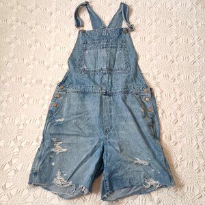 Gap Carpenter Overall Shorts Distressed Medium Wash Denim 100% Cotton XL T Women